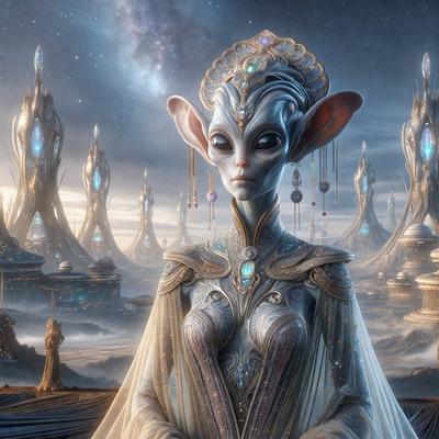 The primary subject of the image is a woman wearing a white dress, with a crown on her head. She is standing in front of a backdrop of several towers, which are part of a futuristic cityscape. The visual style of the image is digital art, with the woman and the towers depicted in a detailed and intricate manner. The colors and mood of the image are predominantly white and blue, giving it a serene and otherworldly atmosphere.
